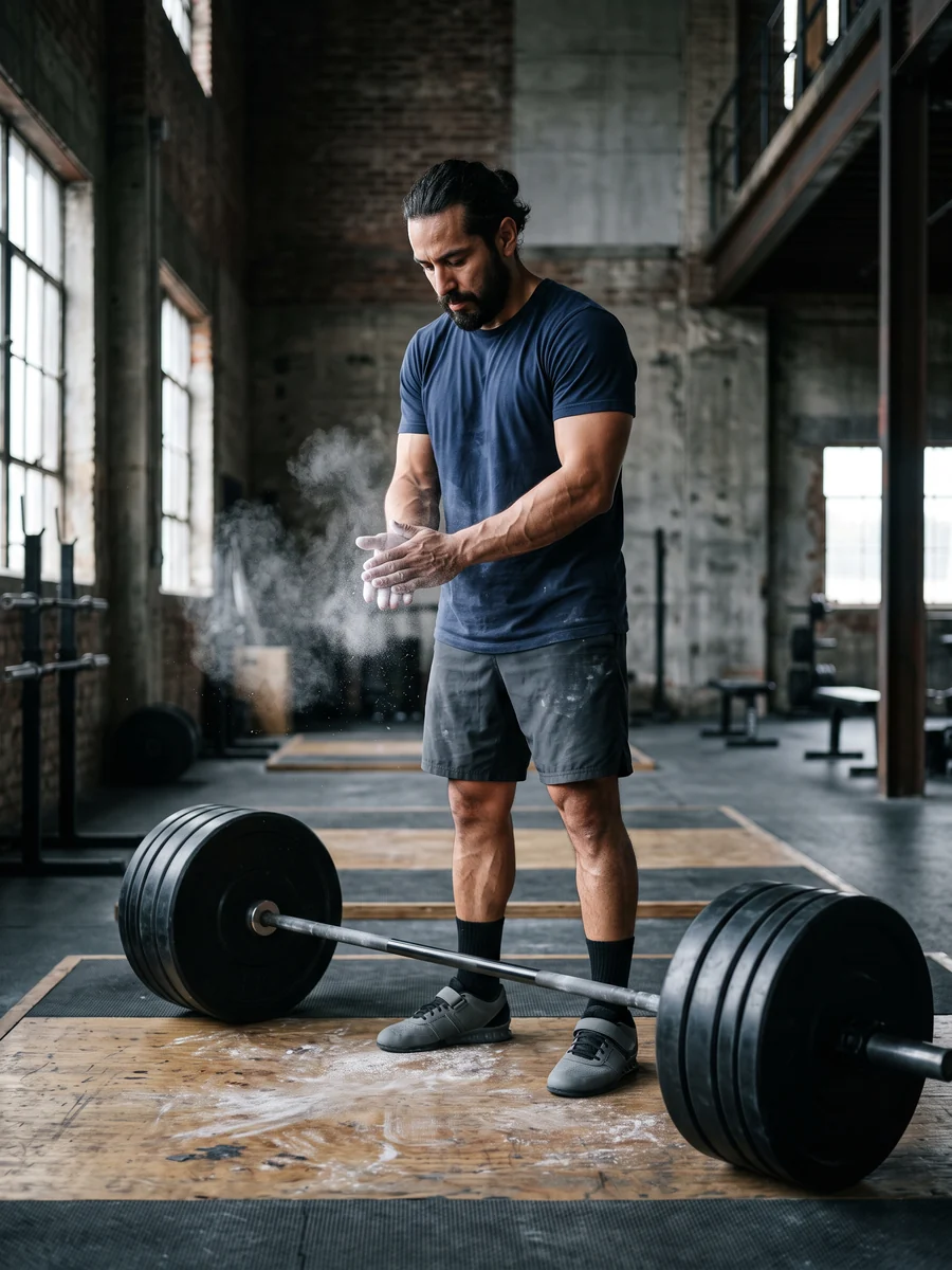 A weightlifter chalking his hands beside a loaded barbell
