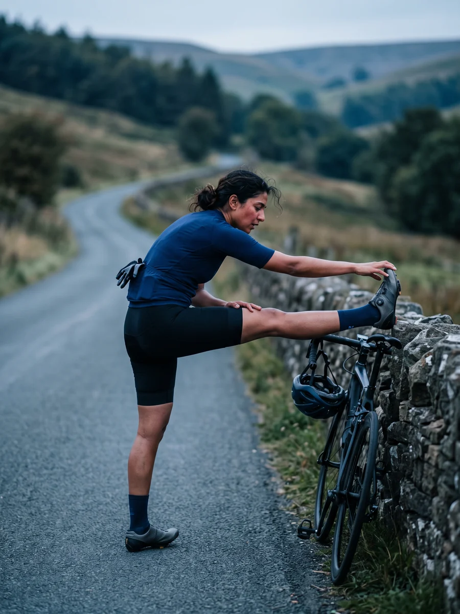 A cyclist stretching beside her bike after a long ride