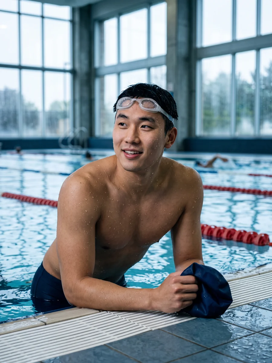A swimmer resting at the pool edge after training